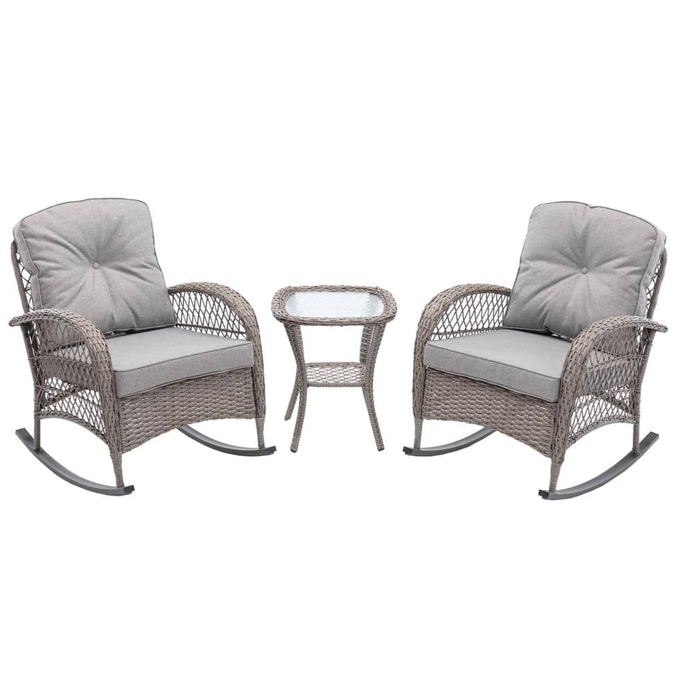 3-Piece PE Wicker Outdoor Rocking Chair Set with Gray Cushions, Swivel Pati