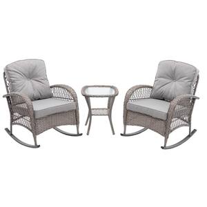 3-Piece PE Wicker Outdoor Rocking Chair Set with Gray Cushions, Swivel Patio Furniture Set(2 Chairs & 1 Table)