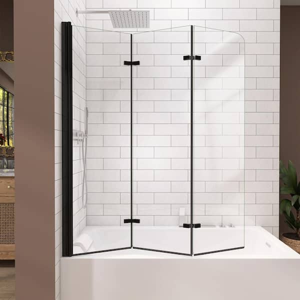 NTQ 51 in. W x 59 in. H Pivot Tub Door Glass Bathtub Shower Door in Matte Black Frameless Folding with 1/4 in. Clear Glass