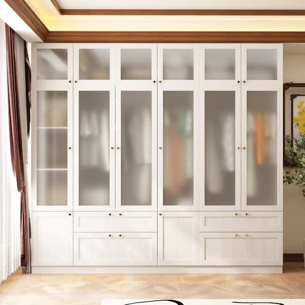 Light Oak Wood 94.5 in. Clothing Storage Unit with Frosted Glass Doors, Hanging Rod, and Multiple Drawers