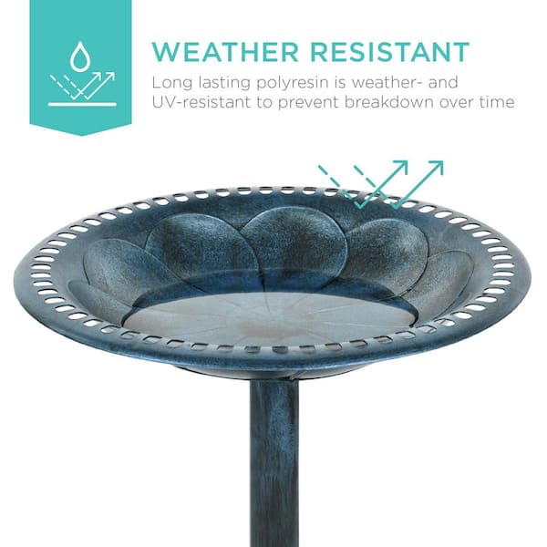 28 in. Tall Outdoor Turquoise Resin Antique Pedestal Birdbath, Vintage Outdoor Accent Decoration with Iris-Peacock Blue
