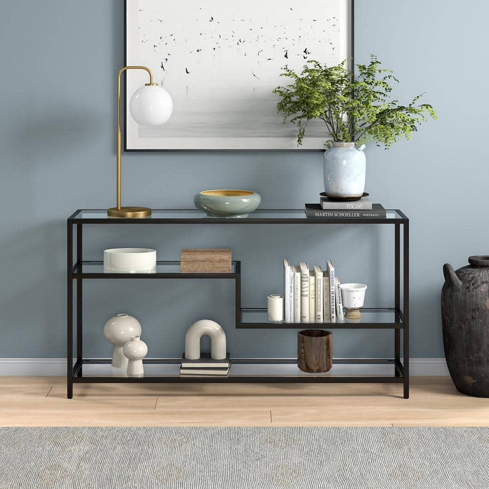 Mathis 55" Blackened Bronze Glass Hallway Table with Storage