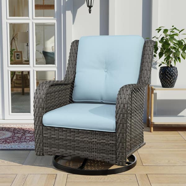 Gardenbee Wicker Outdoor Patio Swivel Rocking Chair with Baby Blue Cushions (1-Pack)