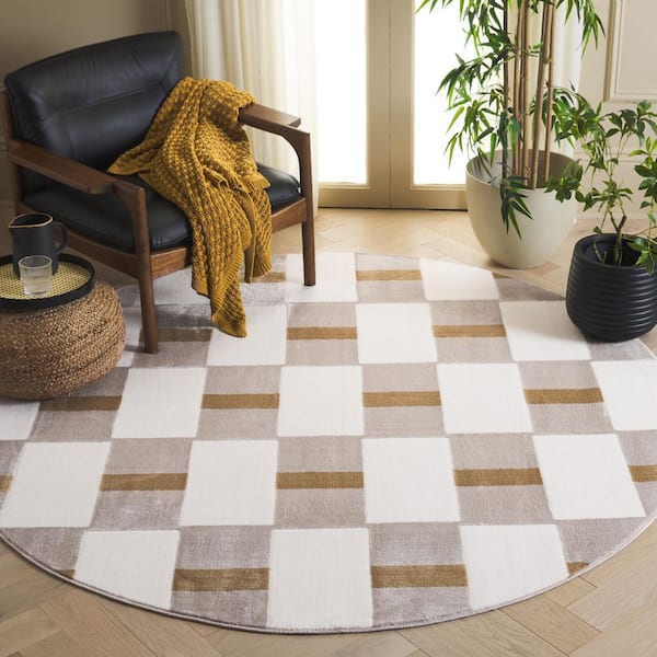 Groove 7 ft. x 7 ft. Ivory/Gold Geometric Checkered Round Area Rug