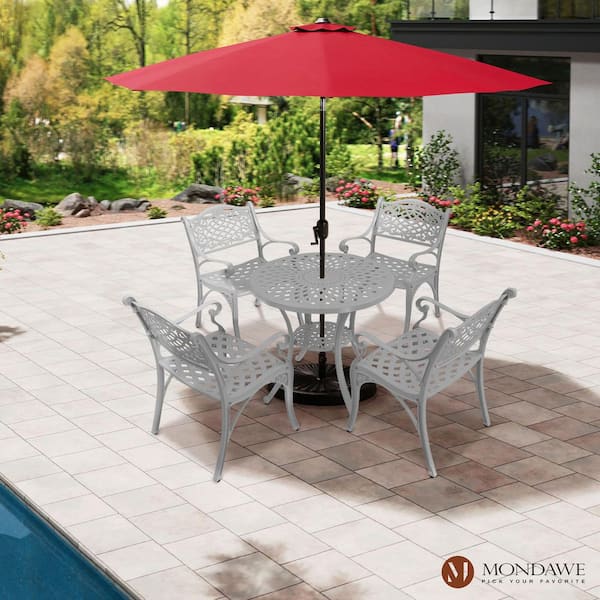 5-Piece White Cast Aluminum Outdoor Patio Dining Set with 31 in. Round Table and 2-Dining Chairs