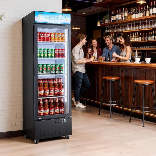 Commercial Merchandiser Refrigerator 12.7 cu. ft. Glass Door Display Adjustable Shelve Soft LED Light and Casters Black