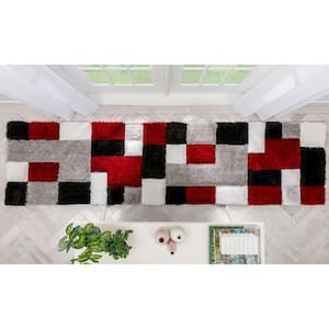 San Francisco Escondido Red Modern Geometric Squares 2 ft. 7 in. x 9 ft. 10 in. 3D Carved Shag Runner Rug