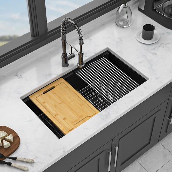 33 in. Undermount Double Bowl Black Quartz Kitchen Sink with Bottom Grids, Drain Board