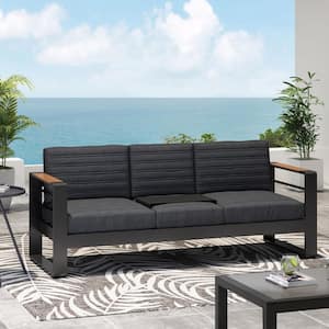 3-Seat Black Aluminum Outdoor Couch with Black Cushions, Removable Aluminum Table