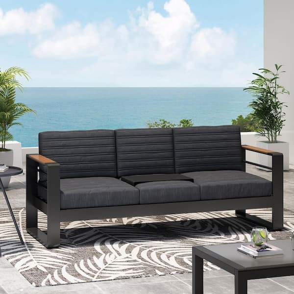 Harper & Bright Designs 3-Seat Black Aluminum Outdoor Couch with Black Cushions, Removable Aluminum Table