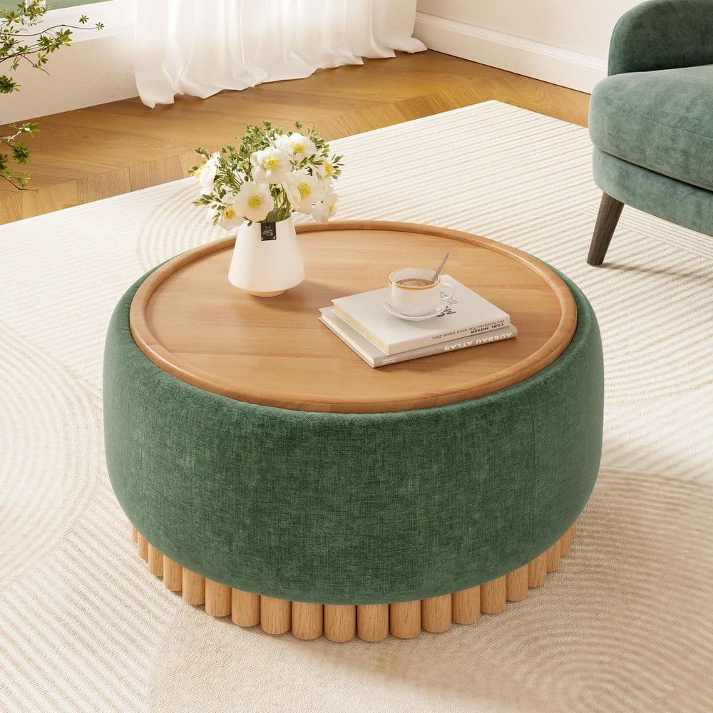Green Chenille Round Storage Ottoman with Solid Wood Legs