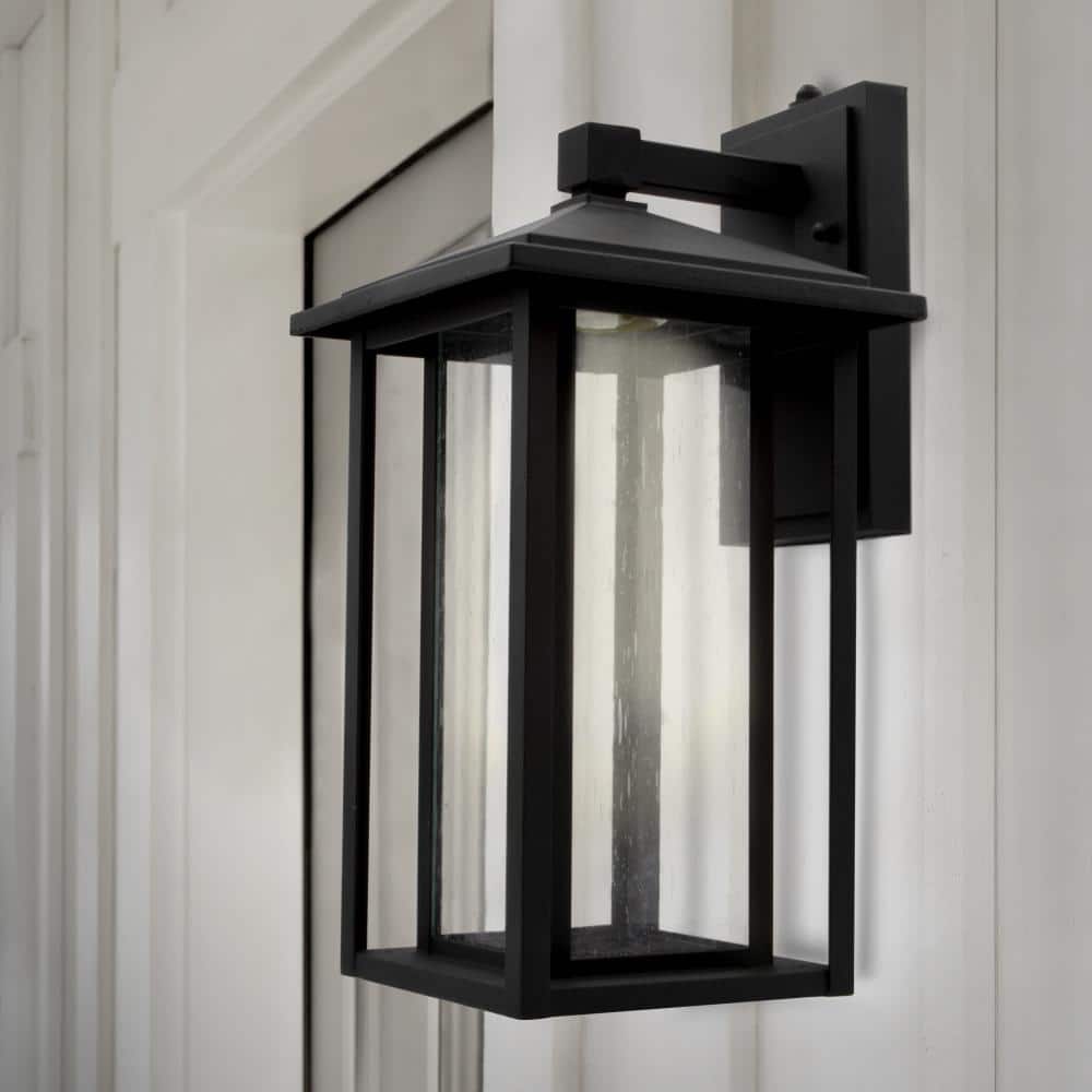 Black Rectangular LED Outdoor Wall Sconce with Seeded Glass