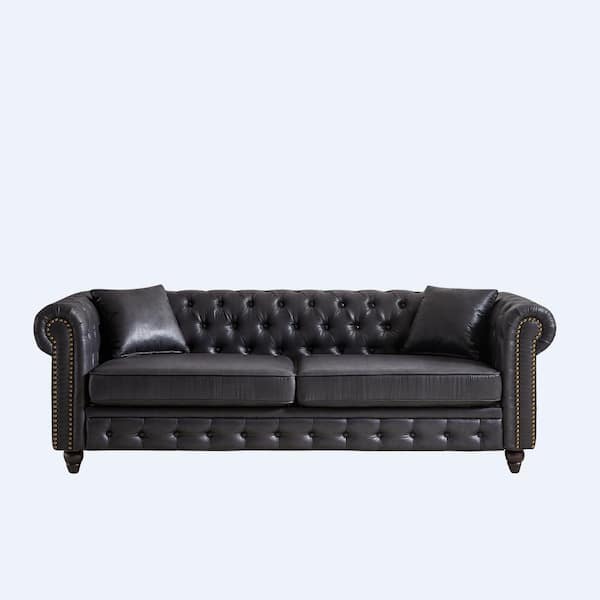 Z-joyee 85.5 in Wide Rolled Arm Faux Leather Rectangle Modern Upholstered Sofa in Black