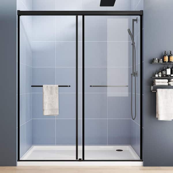 55 to 60 in. W x 72 in. H Semi-Frameless Sliding Shower Door in Matte Black with Explosion-Proof Film Tempered Glass