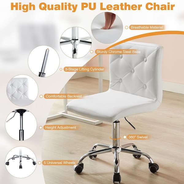 Armless Desk Chair Faux Leather Task Chair Home office Modern Swivel Adjustable Rolling Chairs White Office Stools