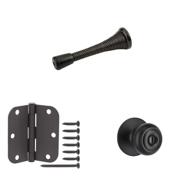 Matte Black Spring Door Stop (5-Pack), 3-1/2 in. x 5/8 in. Door Hinge (12-Pack) and Hartford Bed/Bath Door Knob