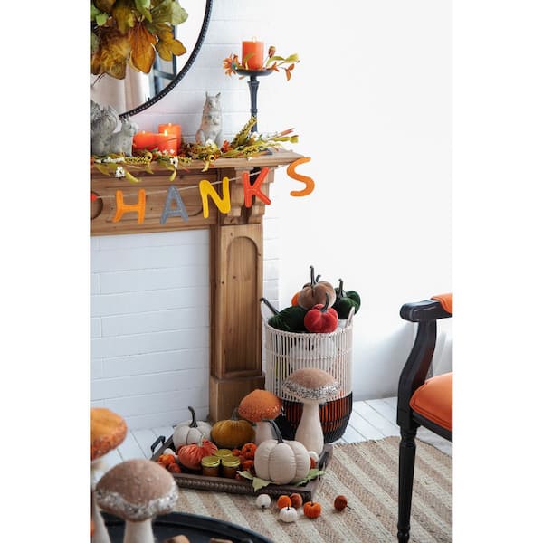 5.2 in. L x 5.2 in. W x 6 in. H Natural Fabric Weighted Pumpkin (Set of 3) with Cream Pattern and Realistic Stem