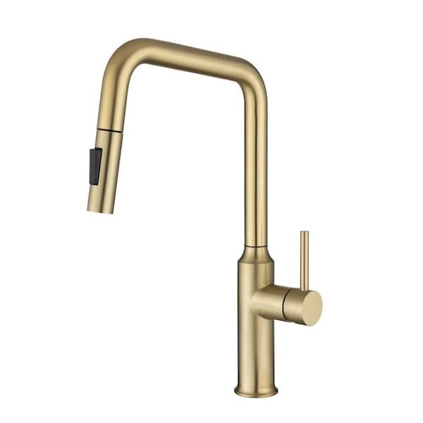 Flynama High-arc Spout Single Handle Pull Down Sprayer Kitchen Faucet with Advanced Spray in Brushed Gold