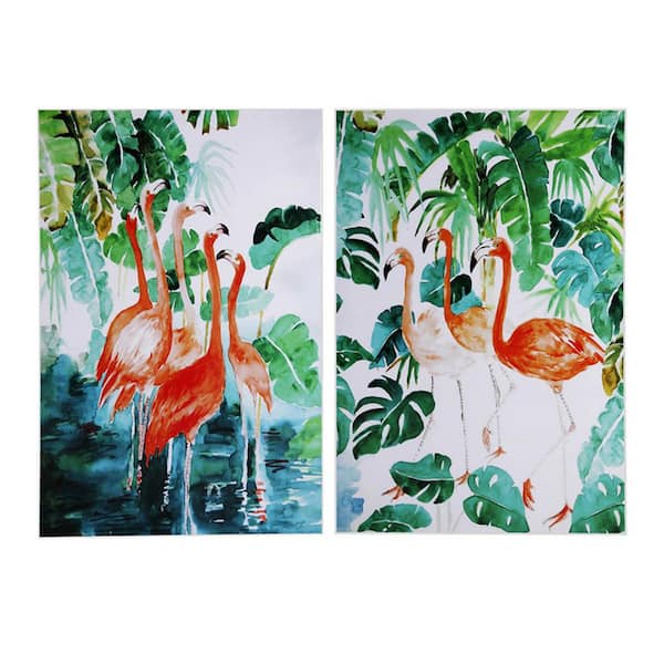 Benjara Blue, Green, White and Red Wooden Framed Botanical Flamingo Print Wall Art (Set of 2)