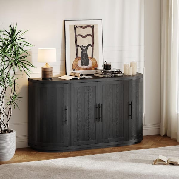 Curved Design Black Wood 57 in. Sideboard Buffet with MDF and Ash Veneer, Metal Handles