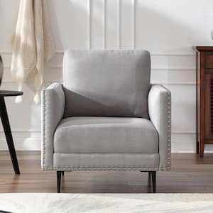 Modern Contemporary Grey Velvet Armchair with Nail Head Trim Upholstery Leisure Accent Chair