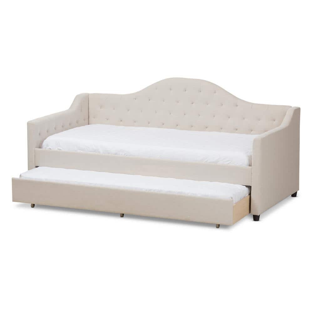 Beige Twin Upholstered Daybed with Tufted Headboard and Trundle