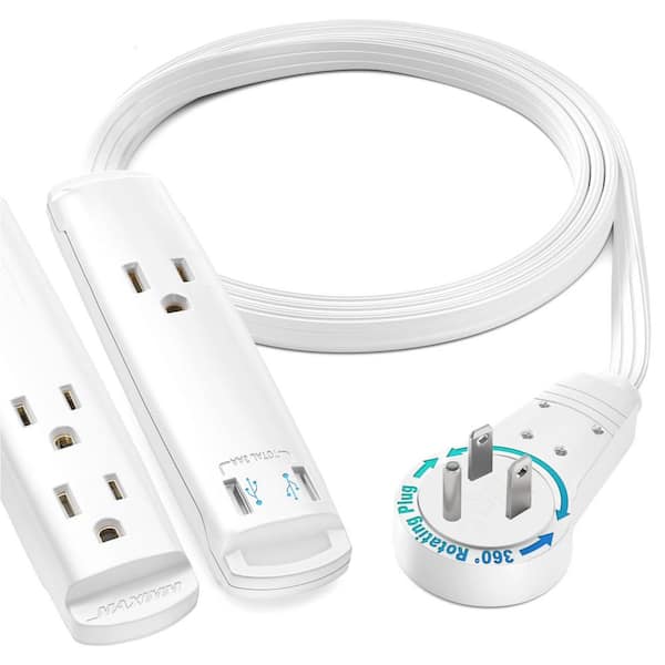 3 ft. 16/3 Light Duty Indoor Extension Cord 360° Rotating Flat Plug 2-Sided with USB, White