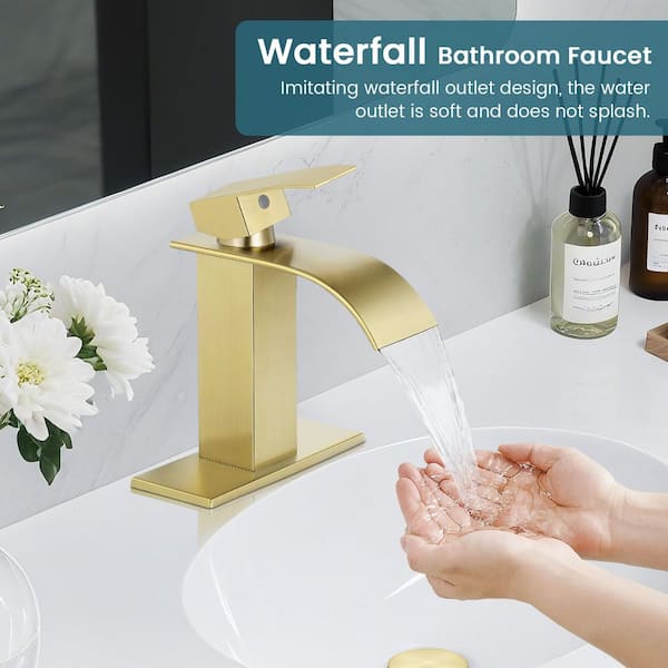 Waterfall Spout Single Handle Single Hole Bathroom Faucet with Deckplate and Pop-Up Drain in Brushed Gold