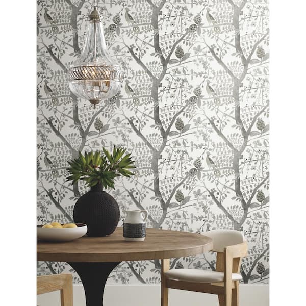 60.75 sq.ft. Gray Peacock Block Print Wallpaper