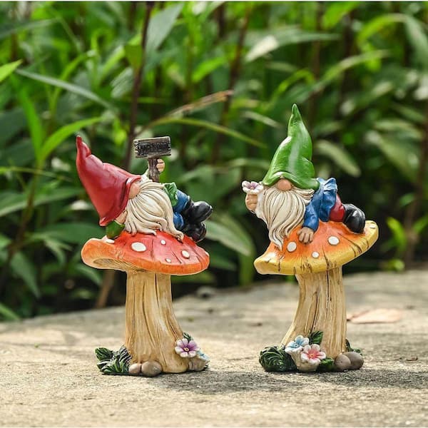 Garden Gnomes on Mushroom, (Set of 2) Cute Resin Gnome Statues