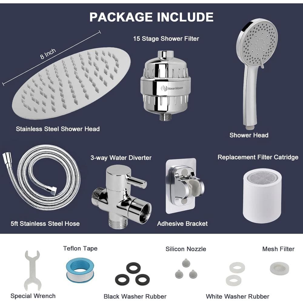 Chrome 8'' Rain Shower Head with 5-Settings Handheld Filter Combo