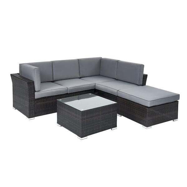 WELLFOR 4-Piece Wicker Patio Conversation Set Outdoor Seating Sofa Set with Gray Cushions