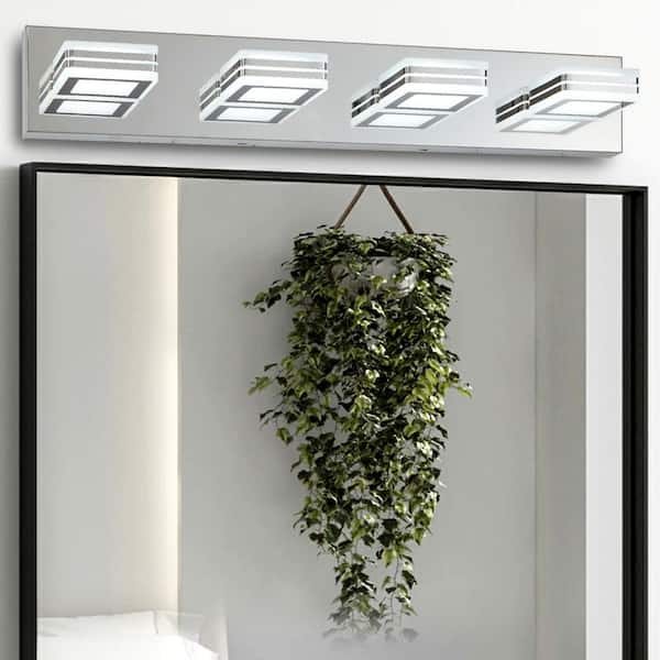 26 in. 4-Light Modern Chrome LED Vanity Light, Square Acrylic Lampshades Wall Mount, Suitable for Bathroom Lighting