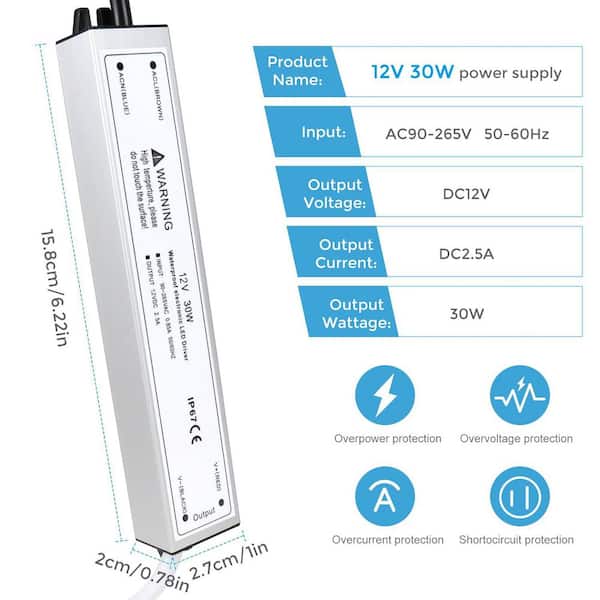 Transformador LED 12V 30W IP66 - Fuente De Alimentación Impermeable, Entrada 100-265V, Para Tiras De Luces
