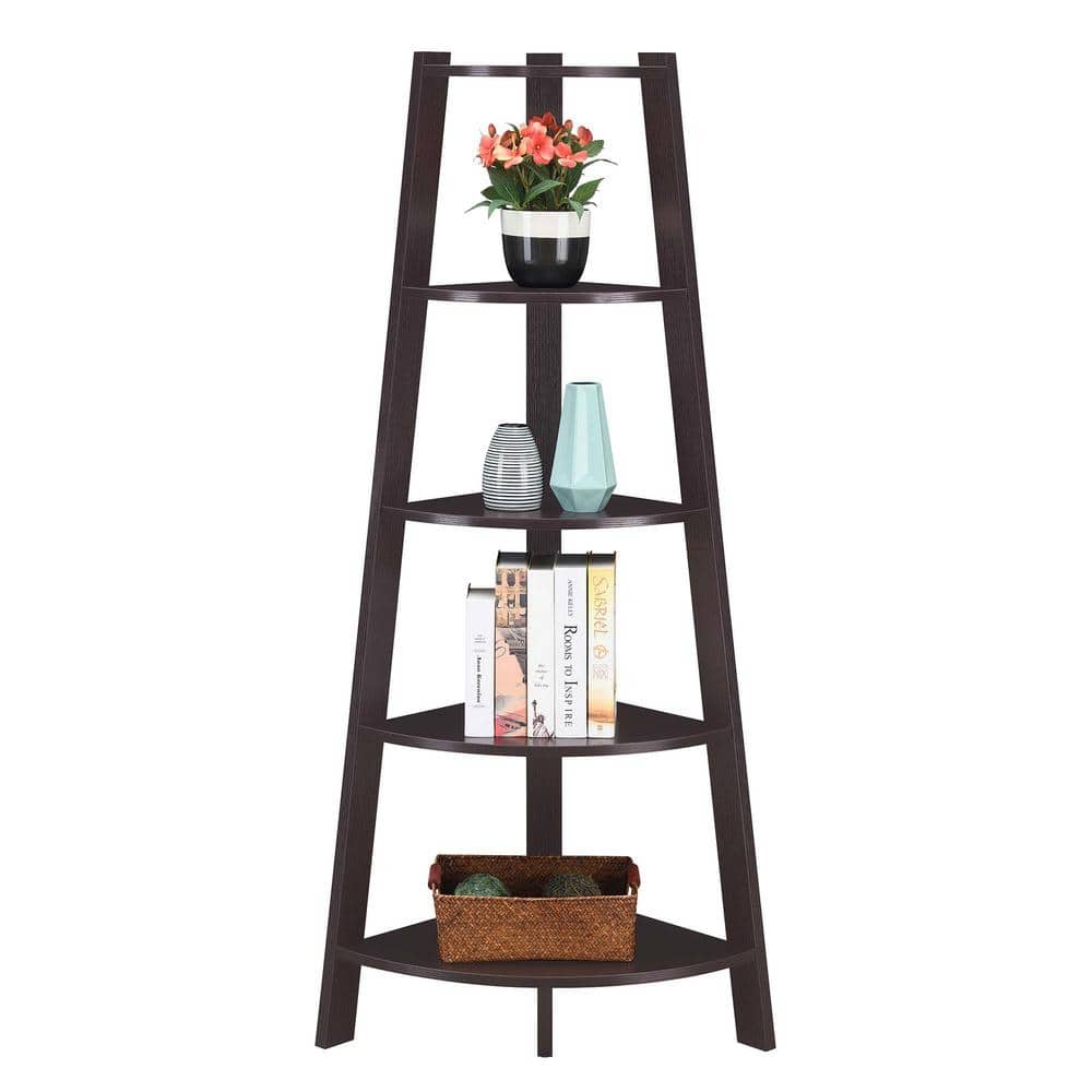 Espresso Wide Corner Wood Bookcase with 5 Tiers