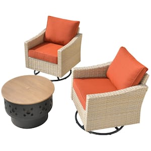 Oconee 3-Piece Wicker Patio Conversation Swivel Rocking Chair Set with a Wood-burning Fire Pit and Orange Red Cushions