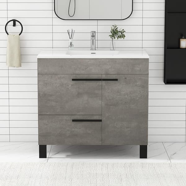 JimsMaison 36 in. W x 18 in. D x 34 in. H Freestanding Bath Vanity in Concrete Grey with White Ceramic Top
