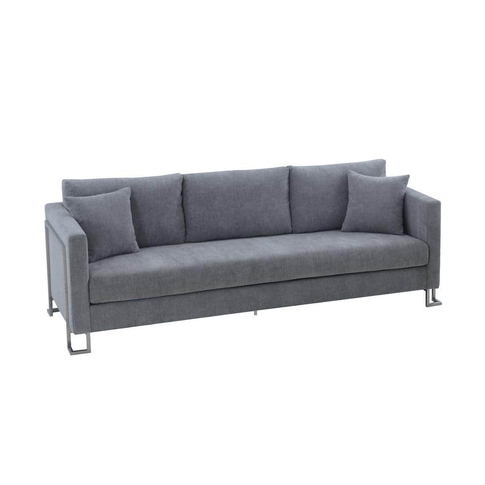 Heritage 91" Gray Leather Stationary Sofa with Wood Legs