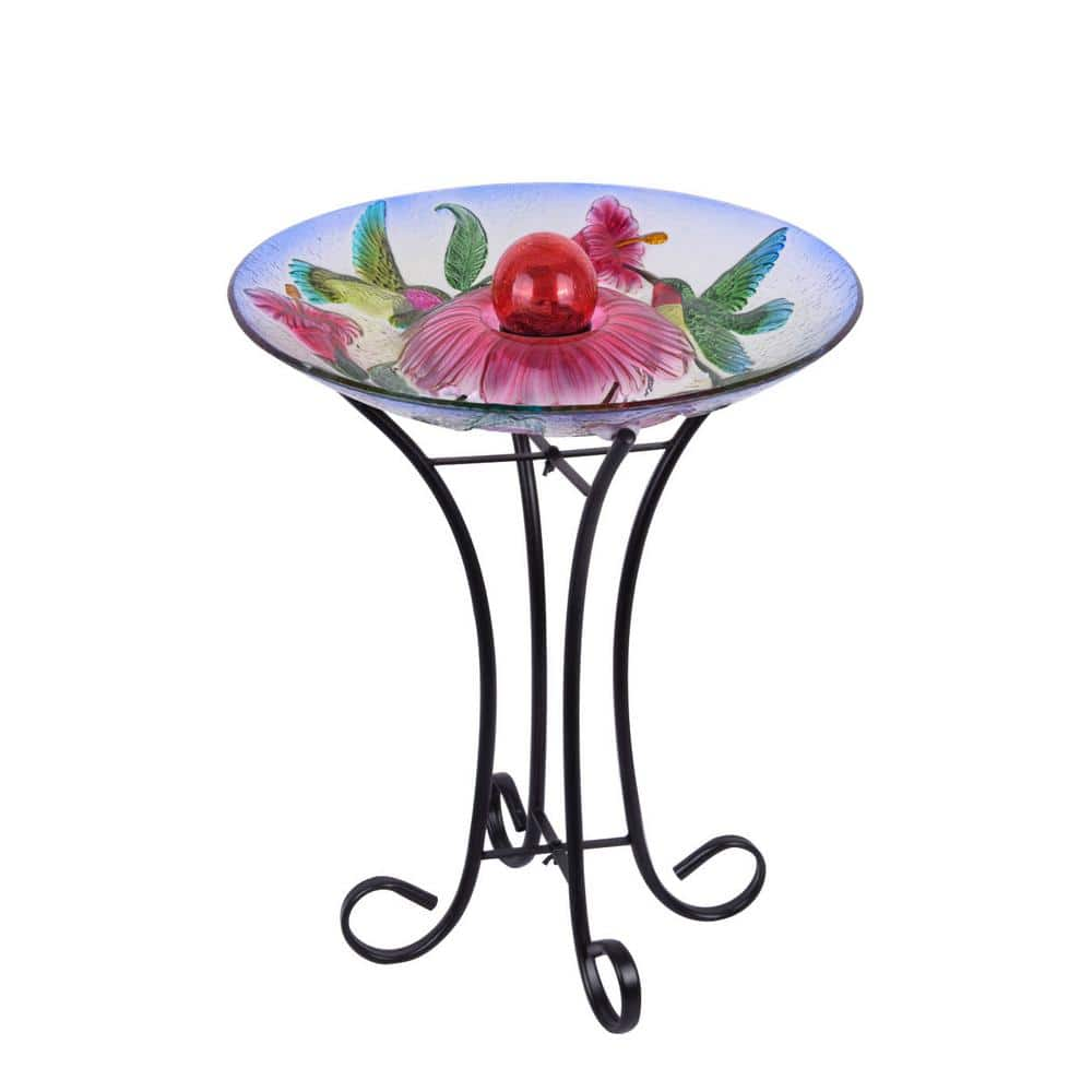 SOLAR ORB FLORAL GLASS HUMMINGBIRD BIRD BATH WITH STAND