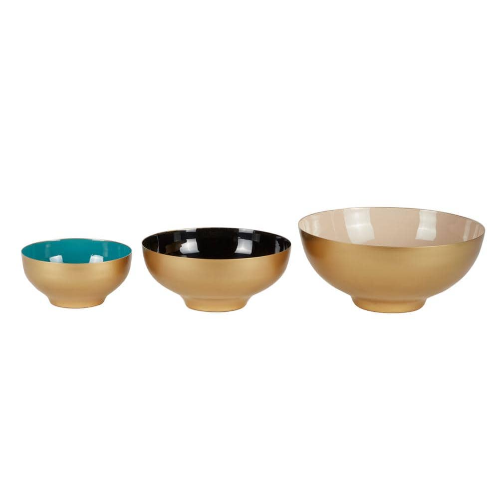 Multi-Colored Metal Decorative Bowls with Enamel Interior, Set of 3