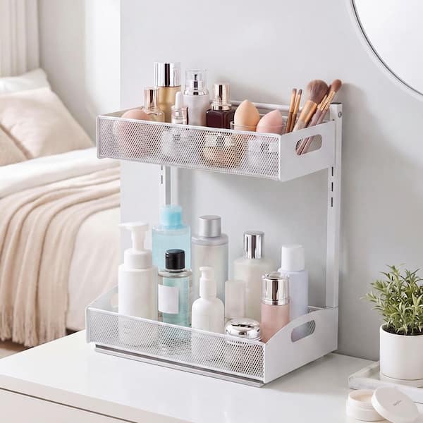 Under Sink Organizer, 2 Pack 2-Tier with 4-Level Height Adjustment, Multi-Purpose Cabinet Organizers and Storage, White