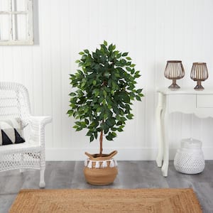 4 ft. Green Ficus Artificial Tree in Boho Chic Handmade Natural Cotton Woven Planter with Tassels
