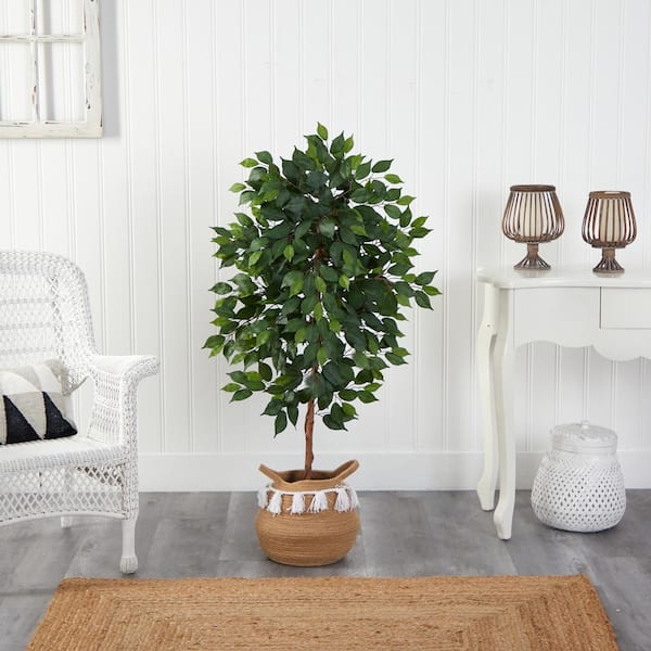 Nearly Natural 4 ft. Green Ficus Artificial Tree in Boho Chic Handmade Natural Cotton Woven Planter with Tassels