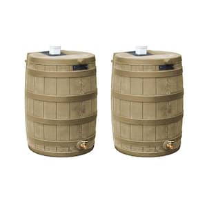 Rain Wizard 50 Gallon Rain Barrel Water Collector, Khaki (2-Pack)