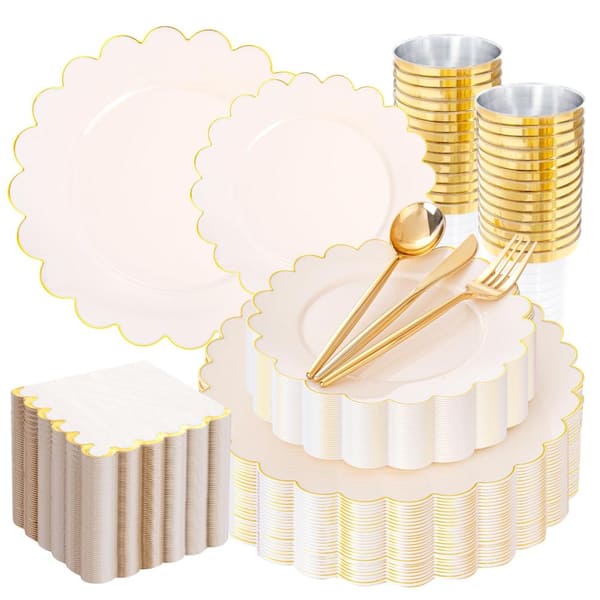 Disposable Ivory Scalloped Gold Dinnerware Set 210 Pcs for Event 30 Guests Plates Cups Silverware Napkins