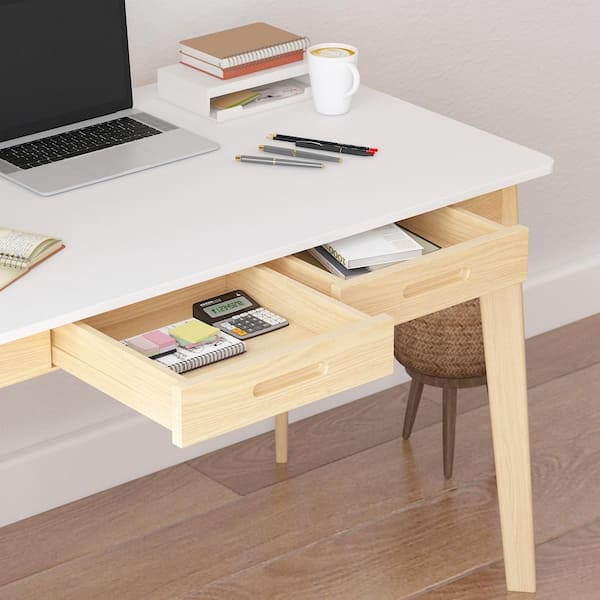 Holf Modern Rectangular Executive MDF Office Desk with 4 Drawers Computer  Desk in White