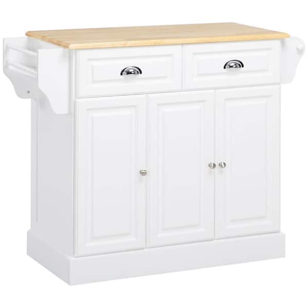 HOMCOM White Rubberwood 43.25 in. Kitchen Island with Storage and Rolling Kitchen Serving Cart