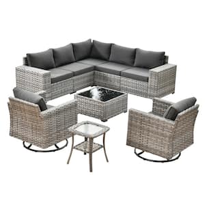 Beatrice 9-Piece Wicker Patio Conversation Seating Sofa Set with Black Cushions and Swivel Rocking Chairs