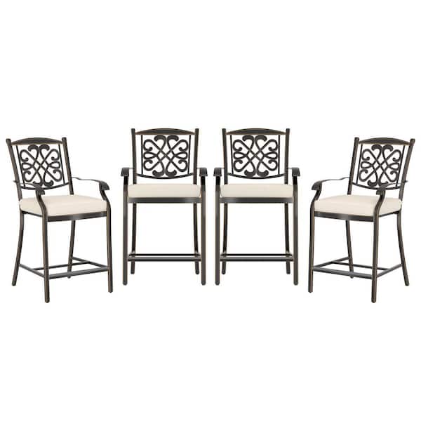 Mondawe Regal Haven Cast Aluminum Outdoor Bar Stool Flower-Shaped Backrest Bar Height Dining Chair with Beige Cushion (Set of 4)