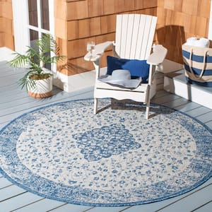 Courtyard Blue/Gray 7 ft. x 7 ft. Medallion Border Indoor/Outdoor Patio  Round Area Rug